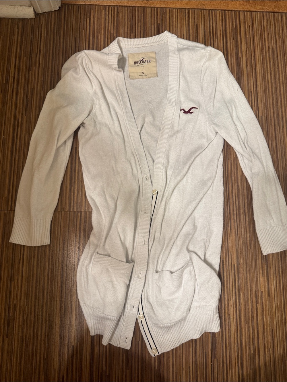 Hollister White Long Cardigan with Maroon Logo